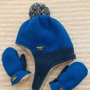 Boys LL Bean Sherpa lined fleece hat and mittens, size 2-4T